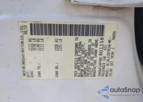 2011 Nissan Maxima 3.5 Sv z USA, uszkodzony, nr VIN 1N4AA5AP4BC801158